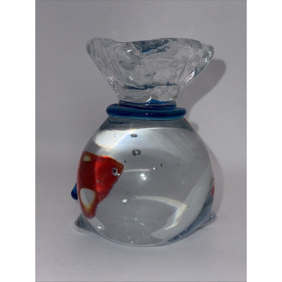 Murano Style Glass Goldfish In Bag Blue Tie Paperweight 4.25” Controlled Bubbles - Picture 3 of 7